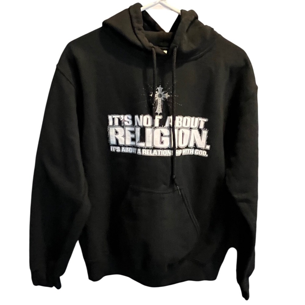 Gildan Heavy Blend Black Christian Hoodie Its Not About Religion Small